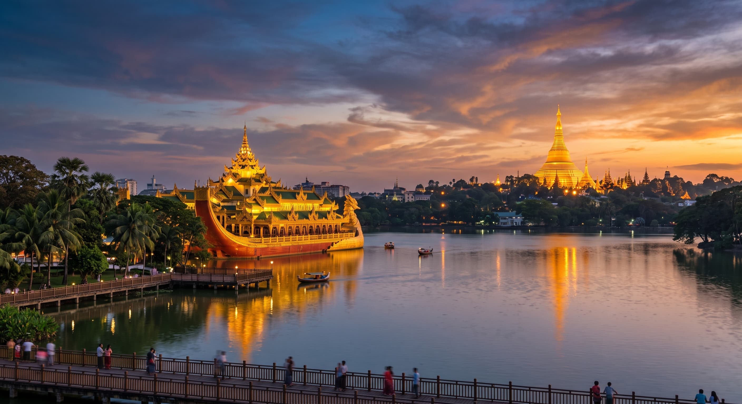 Kandawgyi Lake at dusk with Karaweik Palace and Shwedagon Pagoda, Yangon